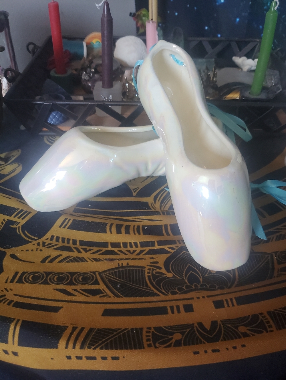Handmade Iridescent Ceramic Ballet Pointe Heels With Ribbon